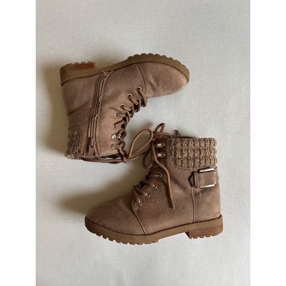 Sugar Girls‎ Tan Faux Suede Combat Boots Knit Collar Lace Up Side Zip Size 13